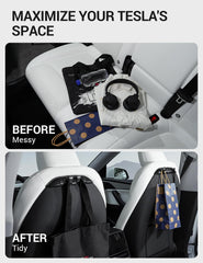 Motrobe installed on Tesla seatback front view, brand keeps cabin tidy