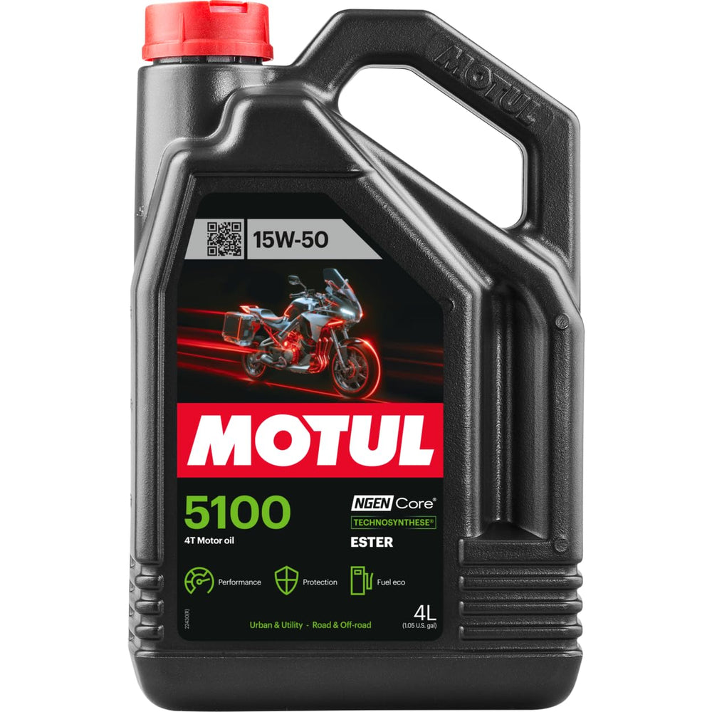Motul 5100 front label on 4L bottle showing specifications and benefits