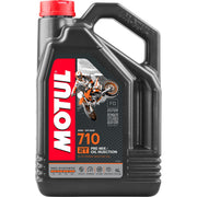 Motul 710 2T 4L bottle front view showing packaging and capacity, clear brand protection