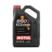 Motul 8100 ECO-clean front packaging showing 5L container and clear brand benefit