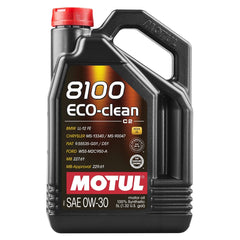 Motul 8100 ECO-clean closeup of pour spout and label highlighting specifications
