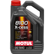 Motul 8100 X-Cess Gen2 front view showing 5L bottle and label benefits