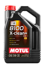 Motul 8100 X-Clean 5W-30 front bottle view showing label and OEM approvals