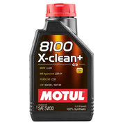 Motul 8100 X-clean+ front label showing product and benefit of emission compatibility