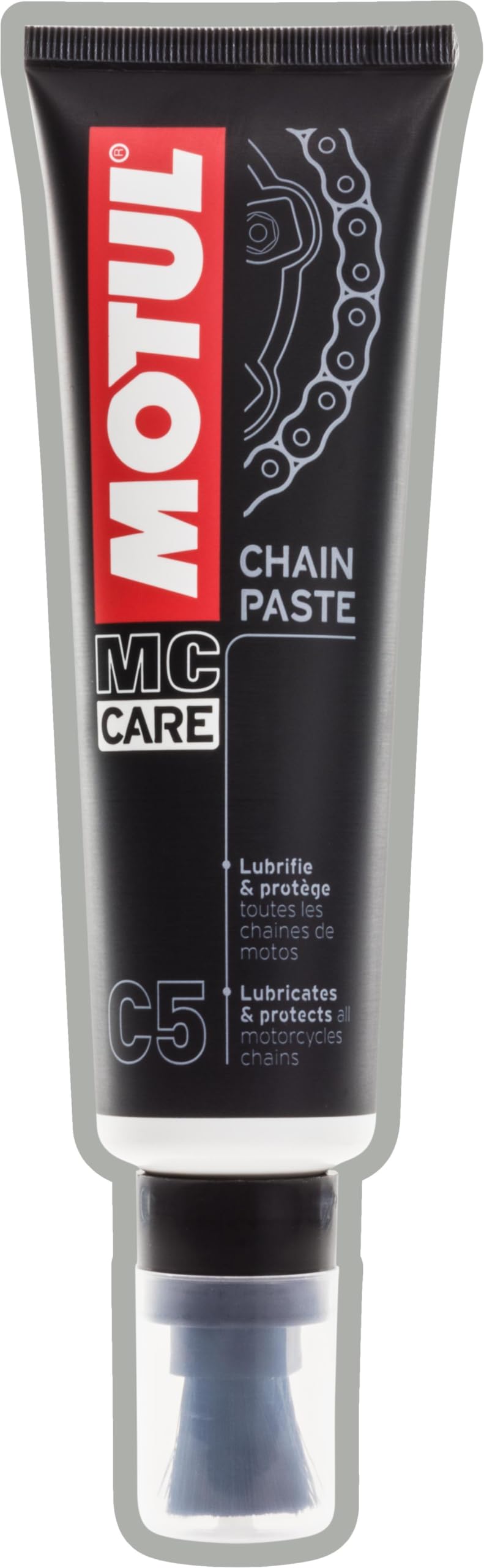 Motul C5 chain paste front packaging showing 150ml bottle and label for neat application