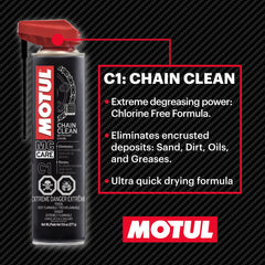 Motul Chain Clean C1 spray close-up dissolving grime for easier cleaning