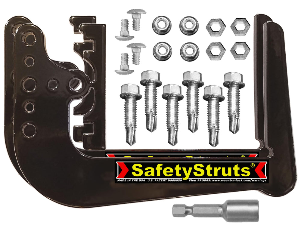 Mount-n-Lock front packaging showing SafetyStruts kit and fast, clear contents benefit