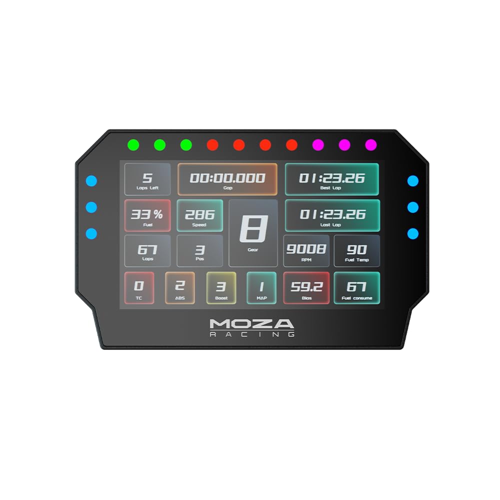 MOZA CM2 front view showing touchscreen and RGB lights for clear race data
