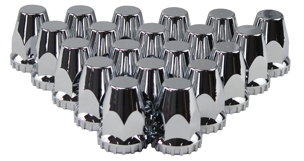 MRJLK chrome lug nut covers pack of 20 showing front packaging benefits polished finish