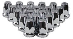 MRJLK chrome lug nut covers pack of 20 showing front packaging benefits polished finish