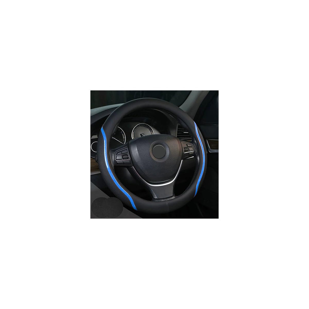 Muamos front view showing blue and black cover enhancing steering wheel style