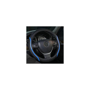 Muamos front view showing blue and black cover enhancing steering wheel style