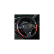 Muamos front view on steering wheel showing black and red leather improving cabin style