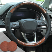 Muamos wood grain steering wheel cover front view shows stylish upgrade and improved grip