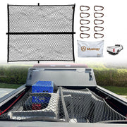 Muslogy front packaging showing compact cargo net and storage bag, easy storage benefit