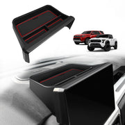 Muslogy front view showing red dashboard organizer fitted and tidy storage benefit