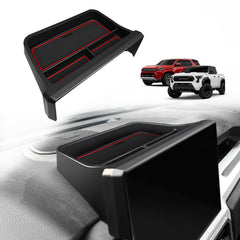 Muslogy front view showing red dashboard organizer fitted and tidy storage benefit