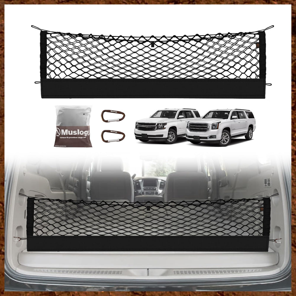 Muslogy cargo net front view installed in Suburban secures trunk items