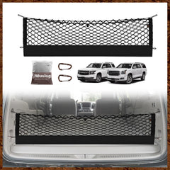 Muslogy cargo net front view installed in Suburban secures trunk items
