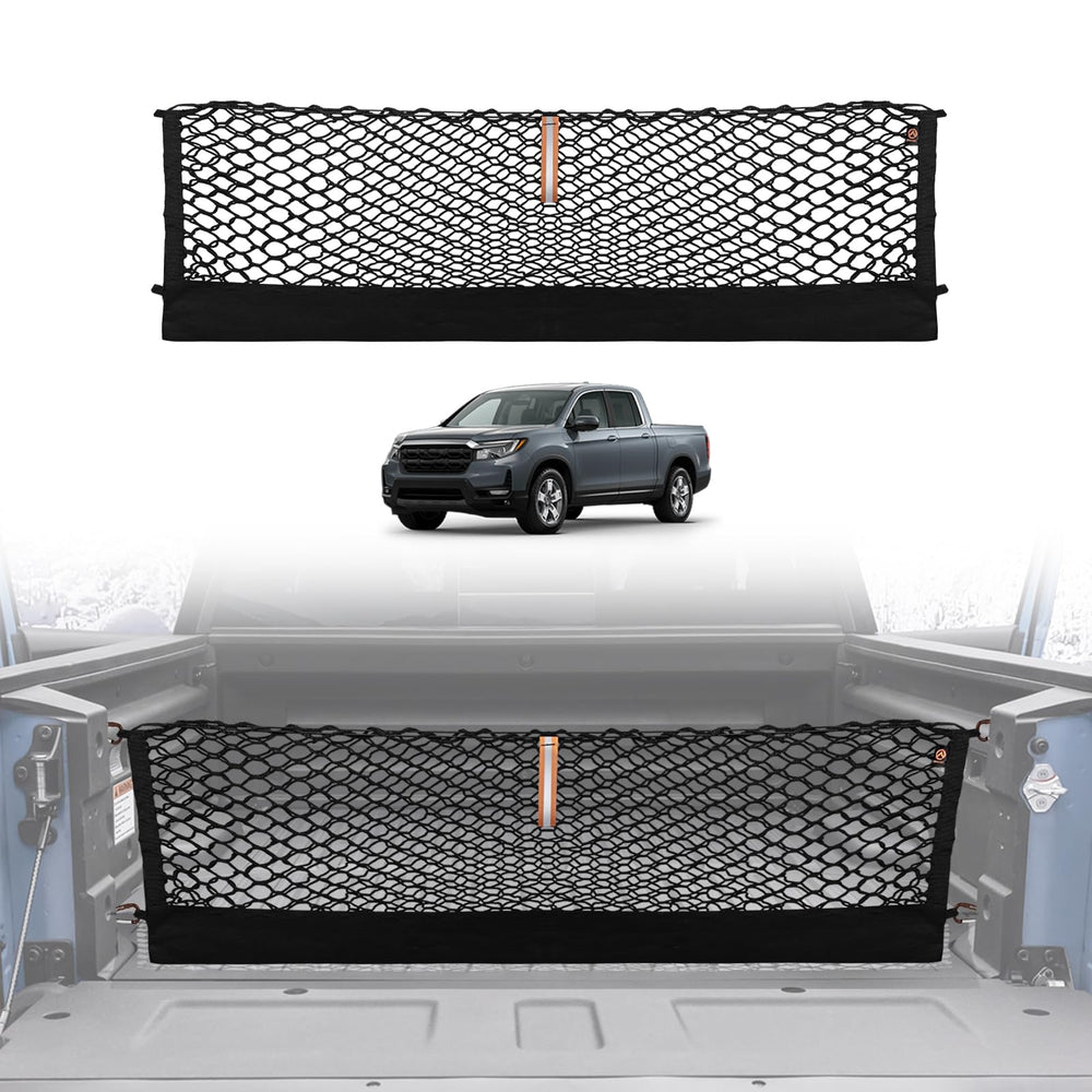 Muslogy front view of cargo net fitted in Ridgeline bed showing tidy containment