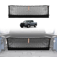 Muslogy front view of cargo net fitted in Ridgeline bed showing tidy containment