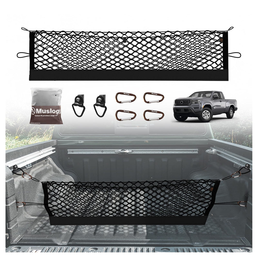 Muslogy cargo net installed in Nissan Frontier front view keeps items secure