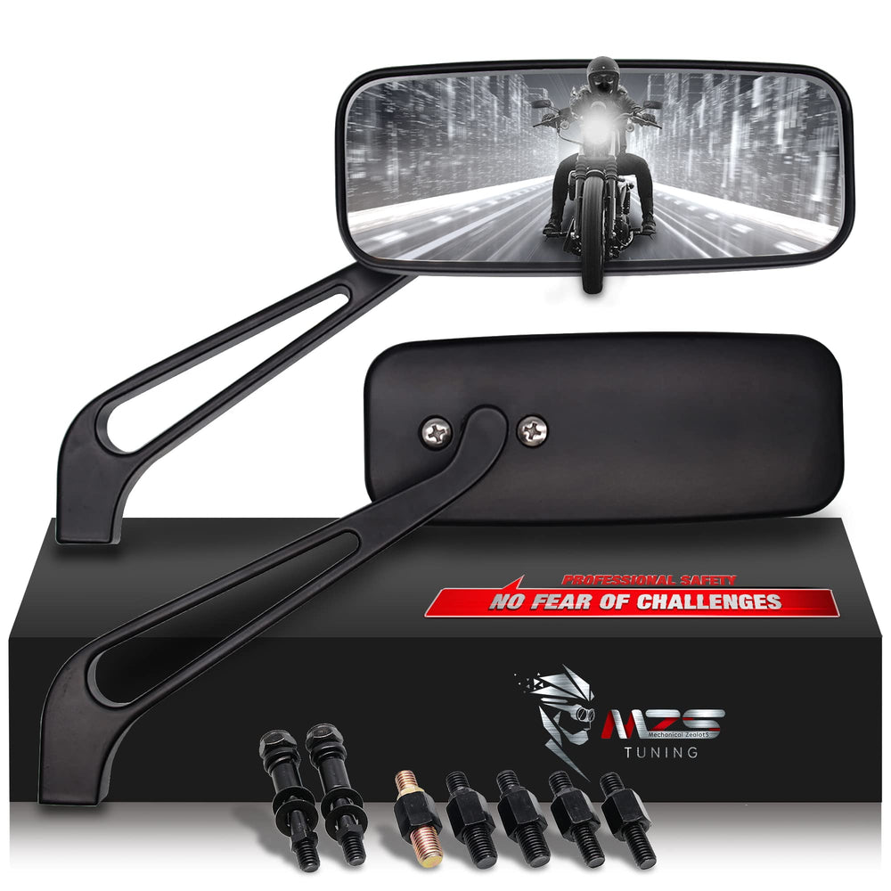 MZS front view showing compact rectangle mirror and sleek black finish for stylish upgrade