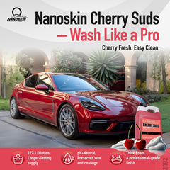 Nanoskin CHERRY SUDS label close-up highlighting dilution and features