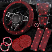NBTEPEM steering wheel cover front view showing red rhinestone glamour and enhanced grip