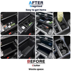 Neepiar lower armrest tray open with items placed for quick access