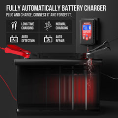 NEXPEAK charger clipped to a car battery showing safe in-vehicle maintenance benefit