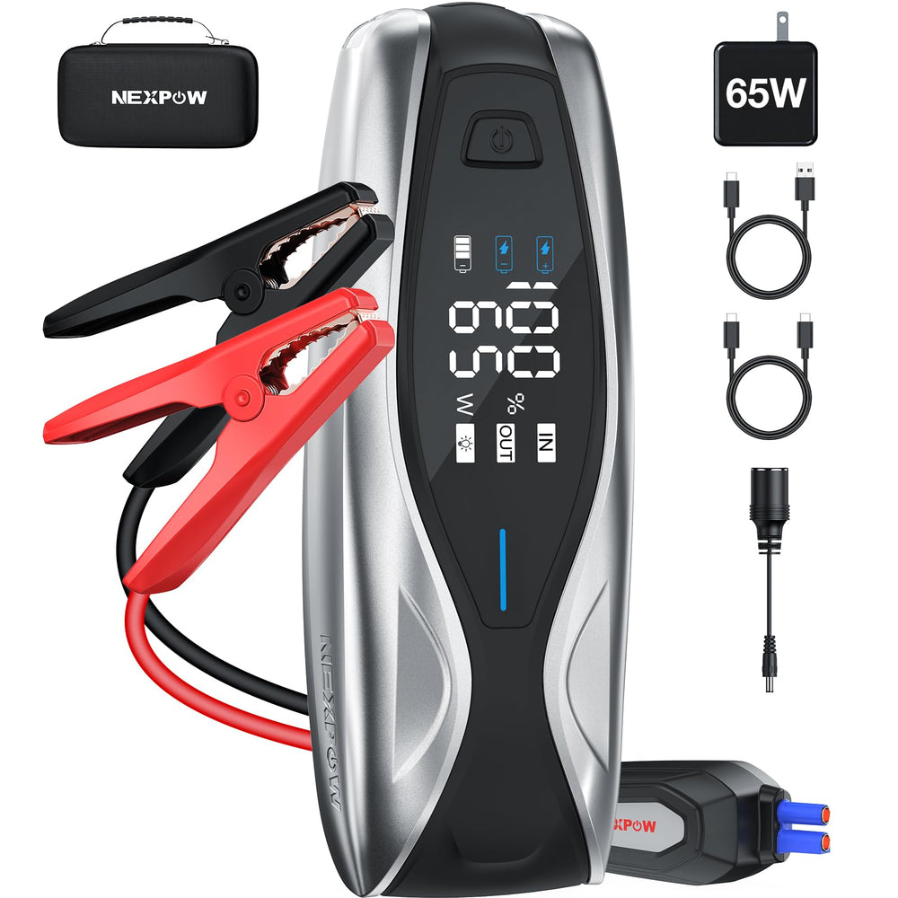 NEXPOW X7 front packaging showing compact jump starter and kit benefits