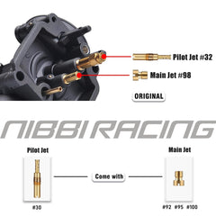 nibbi PE19 top view of throttle valve and needle, aids precise tuning
