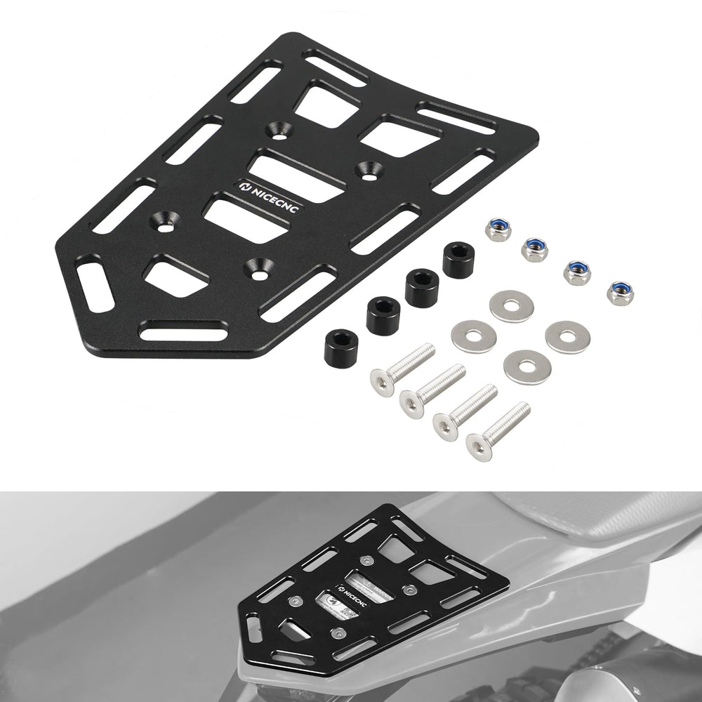 NICECNC rear rack front view showing mounting pattern and clearance benefit