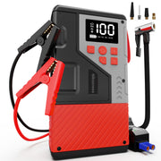 Nikocreos front view showing compact jump starter and air compressor benefits portable rescue