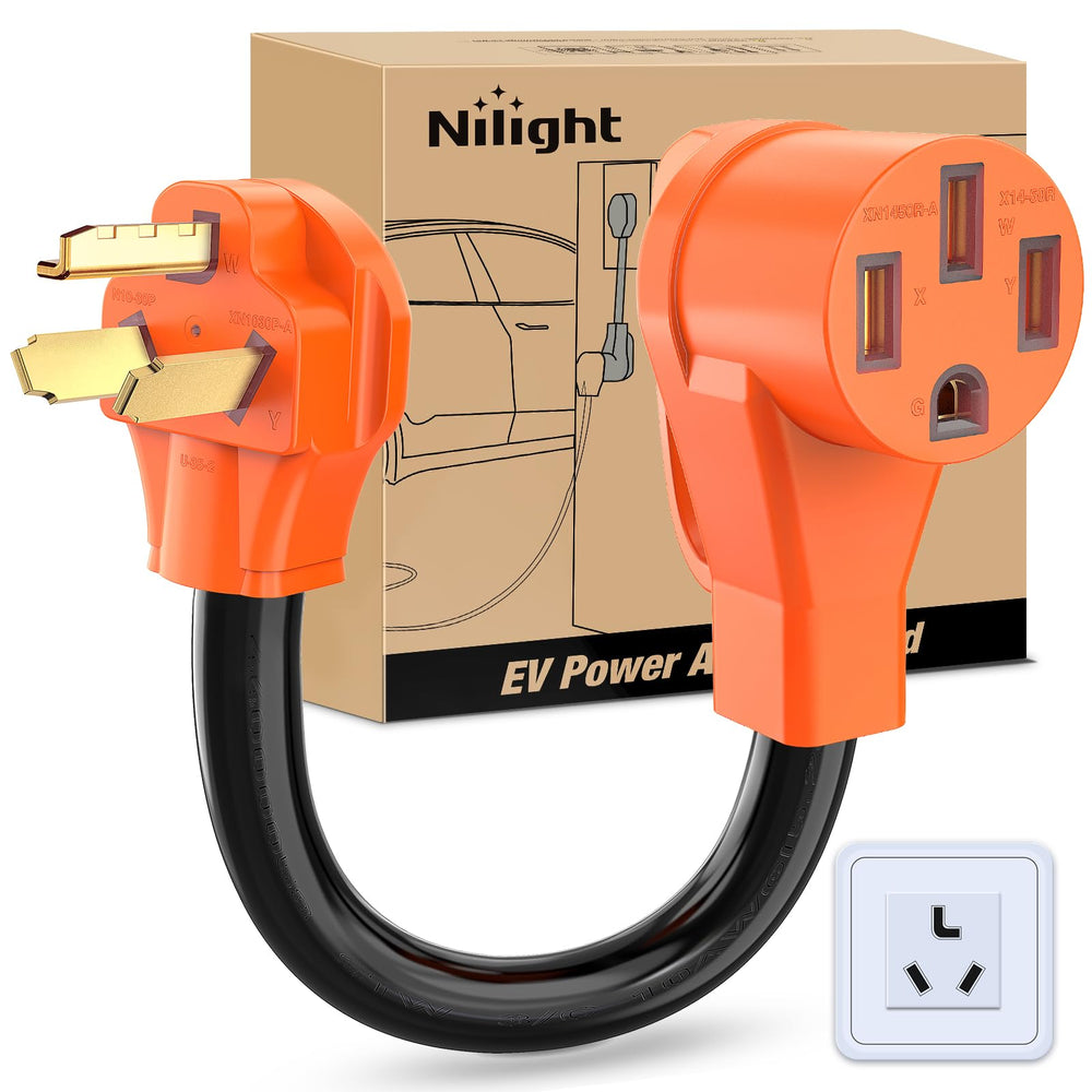 Nilight adapter front view showing 3-prong plug and 14-50R outlet, demonstrates adaptable charging