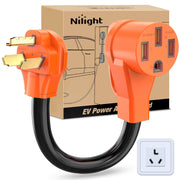 Nilight adapter front view showing 3-prong plug and 14-50R outlet, demonstrates adaptable charging