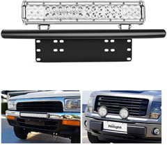 Nilight front license plate bracket installed on bumper showing flashlight placement and improved visibility