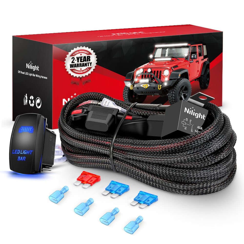 Nilight front view of harness kit showing full contents and quick installation benefit