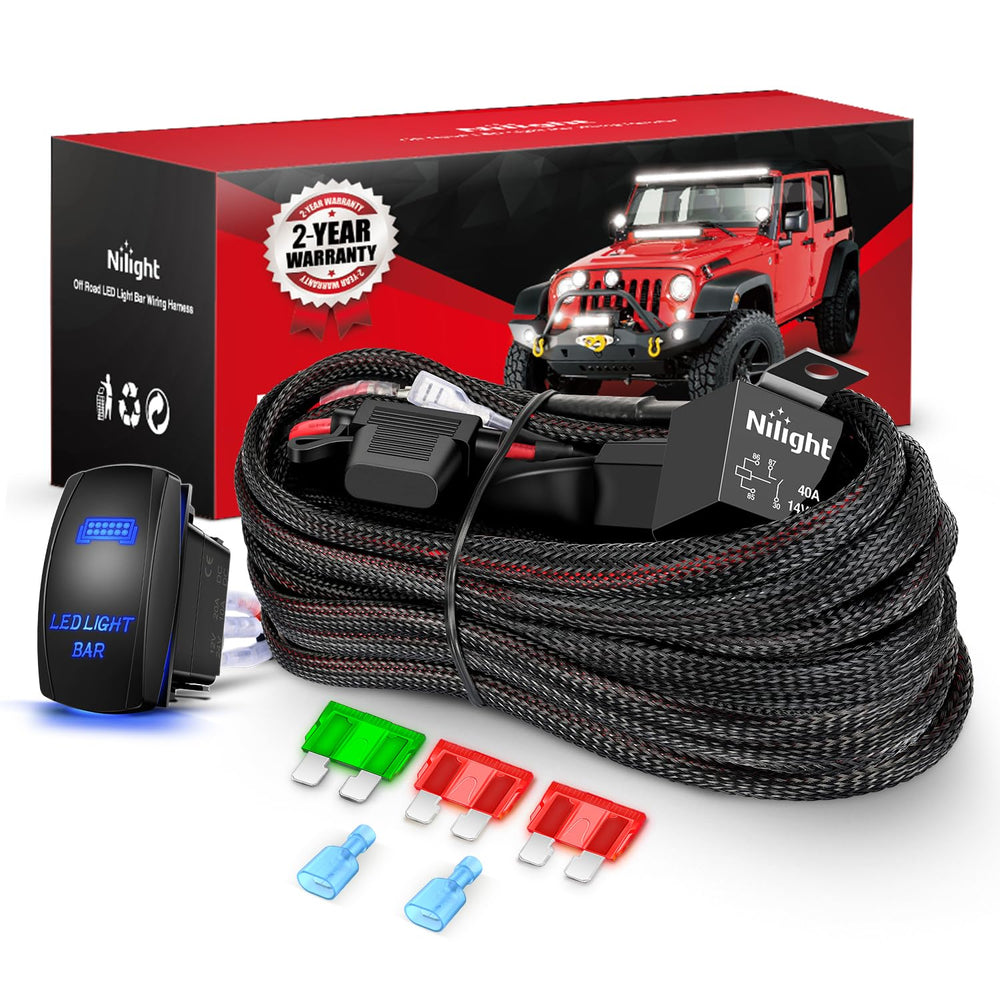 Nilight front packaging showing harness kit and labeled contents, ensures quick identification