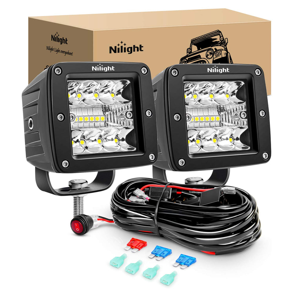 Nilight front view of two 3-inch LED cubes showing durable housing and bright lenses