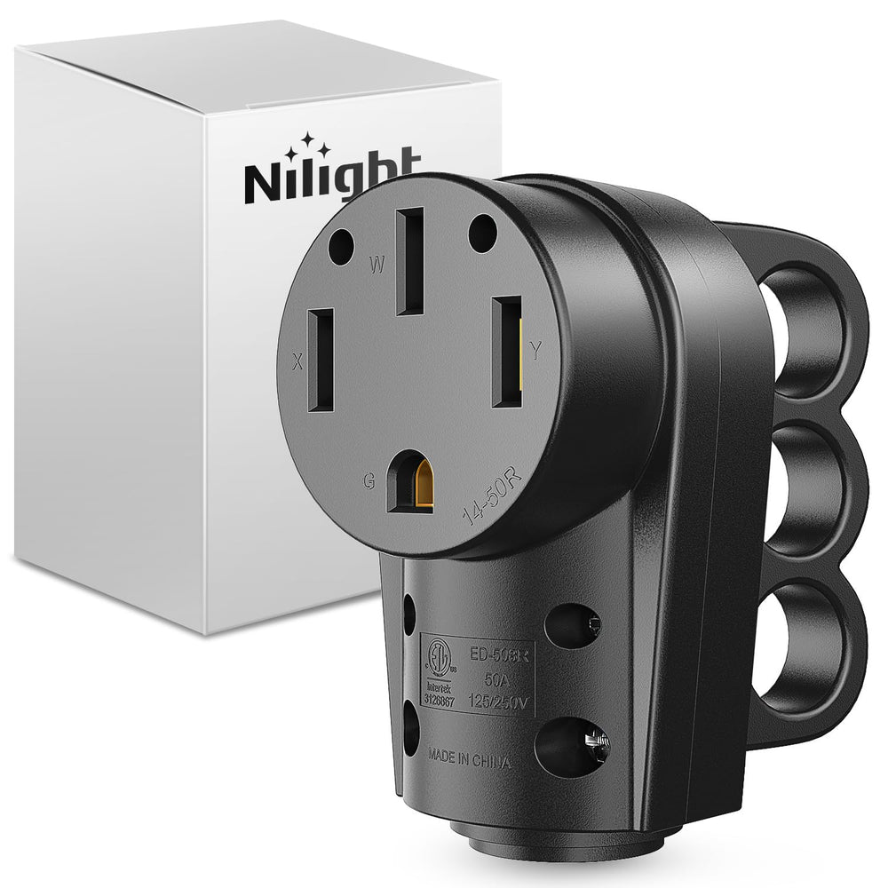 Nilight front view of 50A female plug showing NEMA 14-50R face and safe connection