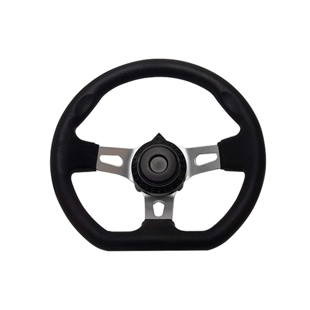 NINEFOX front view steering wheel showing classic three-spoke design and black finish for improved control