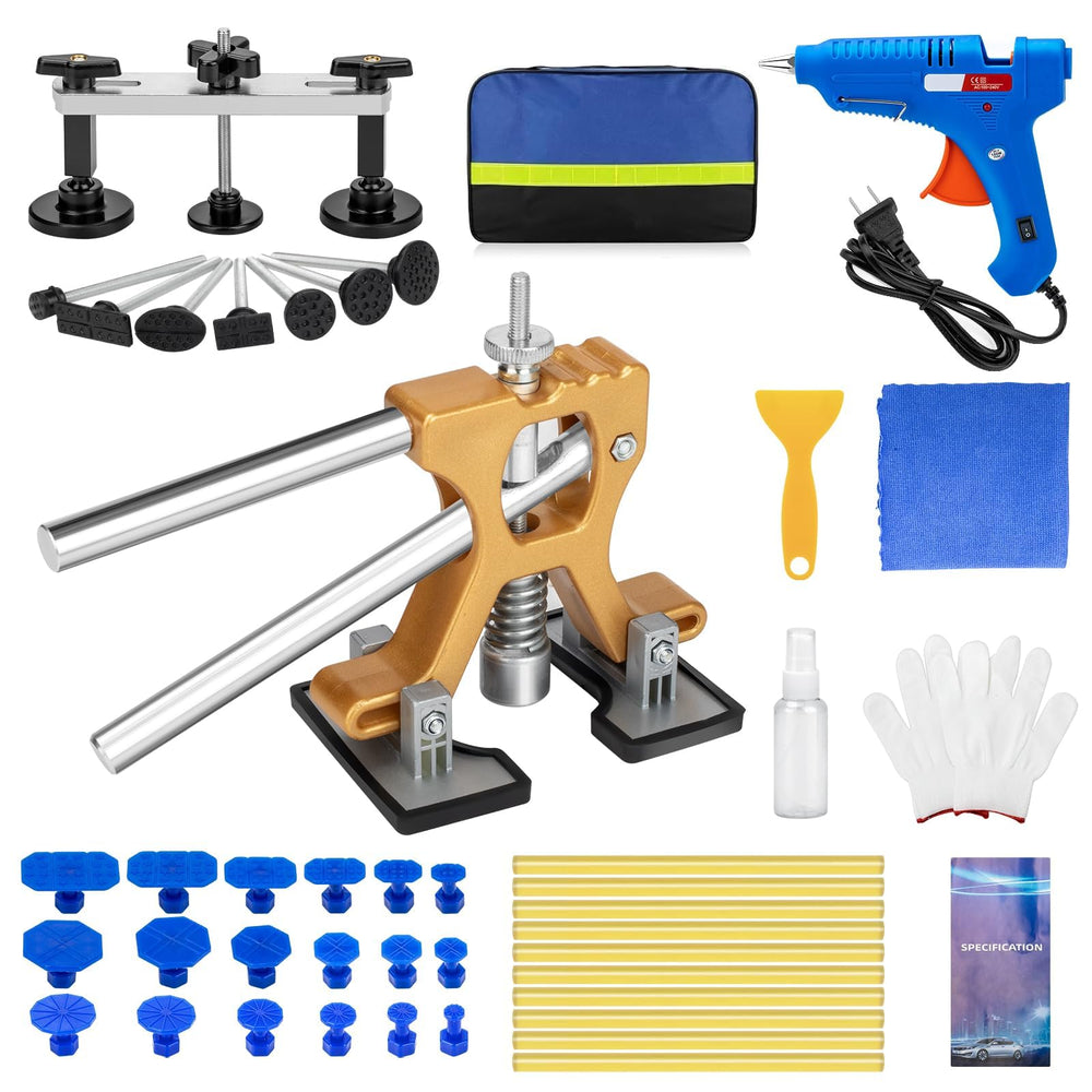 NJ FOREVER front packaging showing complete 45-piece dent puller kit and bag — convenient storage