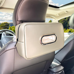 Noaman beige tissue holder front view showing neat fit and easy access