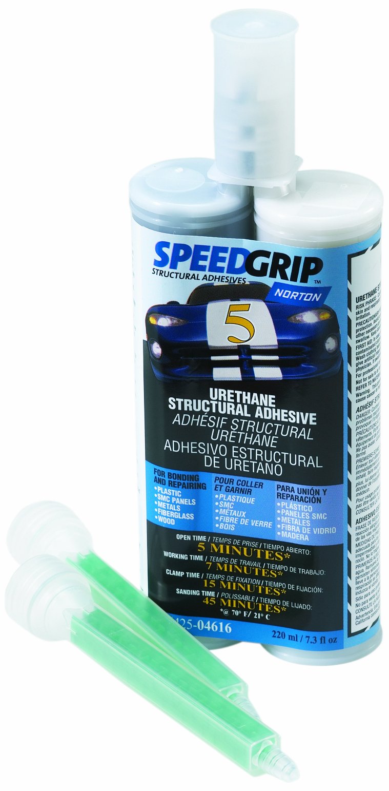 Norton SpeedGrip front packaging showing tube and nozzle, highlighting reliable fast bonding