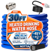 Nottia front view of 30ft heated hose showing length and packaging, ensures reliable winter water