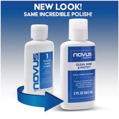 Novus label close-up displaying product name and safe-for-plastics benefit