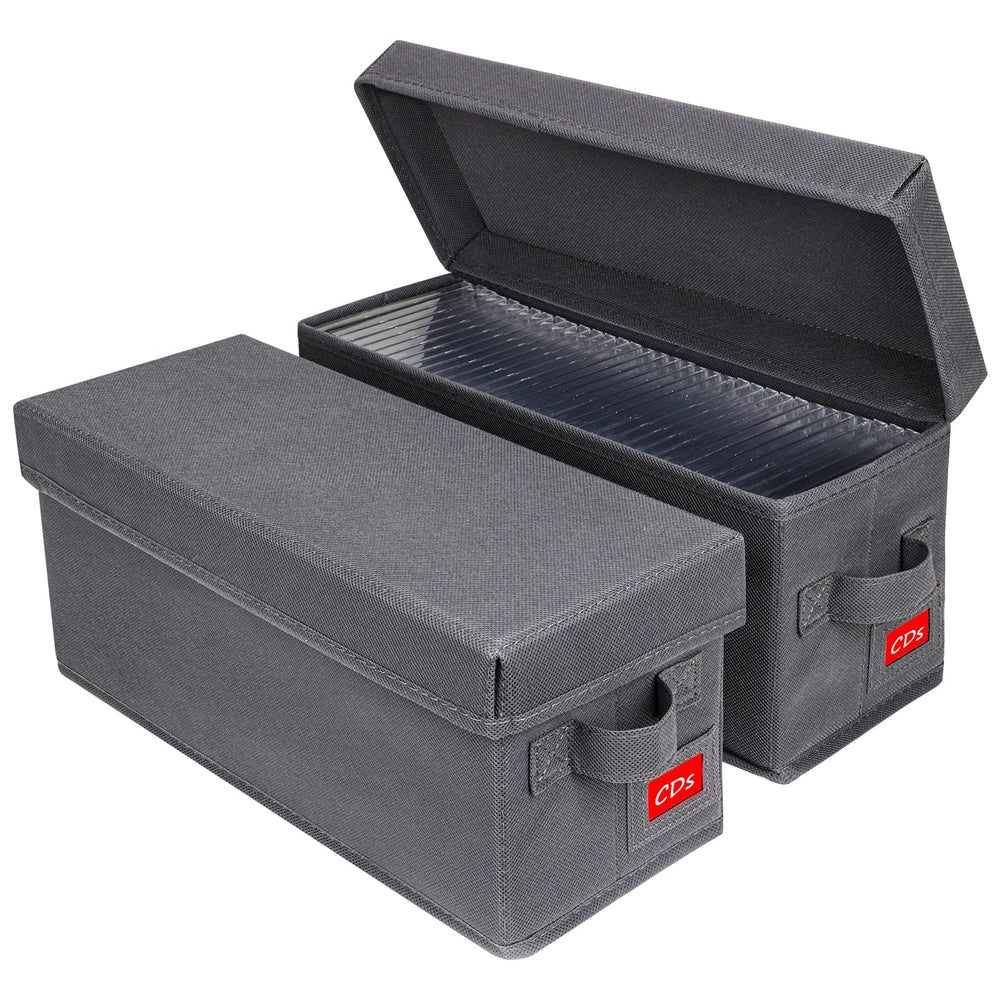 NUSWOR front view of grey CD storage box showing neat exterior and lid protection