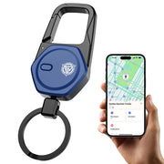 Oaridey front view navy keychain showing compact tracker and carabiner benefit locating